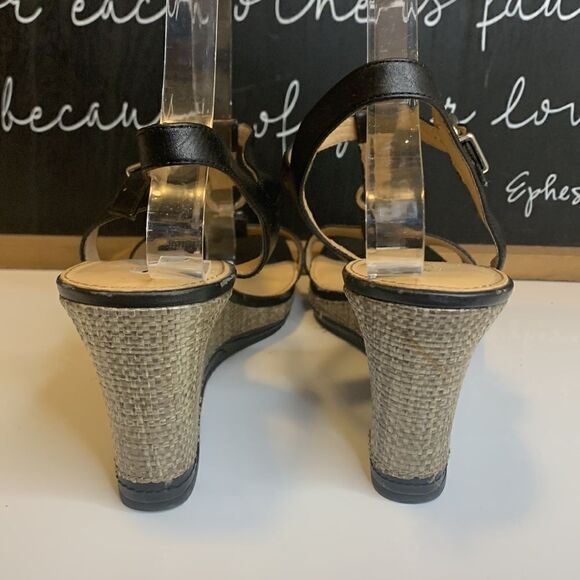 Antonio Melani Black Suede Slingback T-Strap Cork Wedge Heels - 10M - Picture 6 of 12